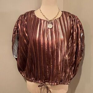 NWT Metallic Copper Pleated Blouse, drawstring, cropped, drop cap sleeve, Medium